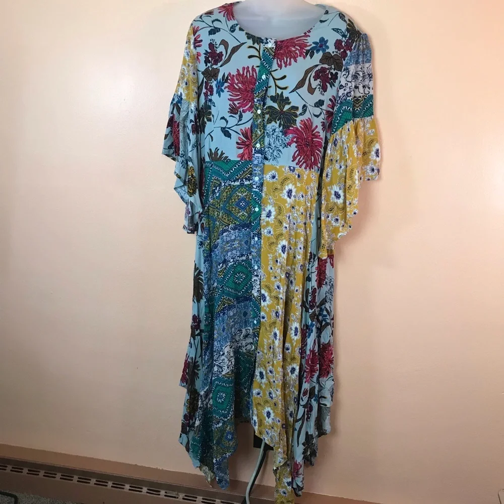 UmGee Button Front Contrasting Floral Patchwork Print Maxi Dress Women S NEW - Picture 2 of 10